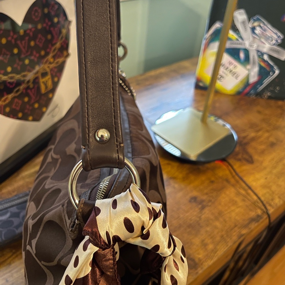 Coach Brown Signature Hobo Shoulder Bag with Scarf Accent - Picture 5 of 9